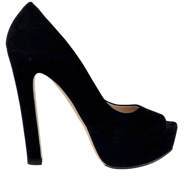 Black Suede Peep Toe Platform Pumps Size 37