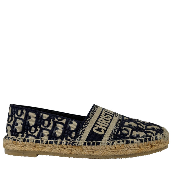 Granville Deep Blue Oblique Embroidered Cotton Espadrilles Size 38.5