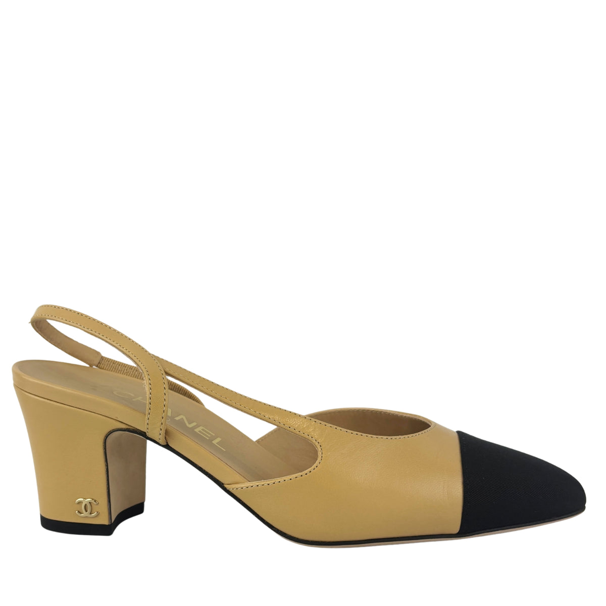Goatskin Grosgrain Cap Toe CC Slingback Pumps Beige Black Size 37.5