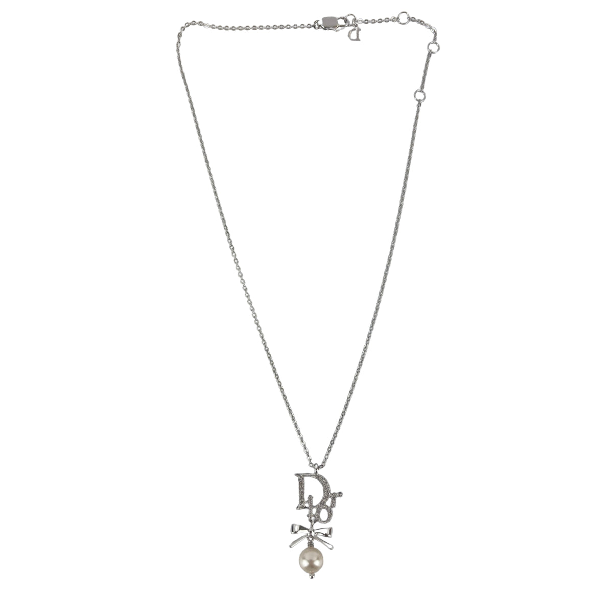 Crystal Pearl Dior Logo Necklace Silver