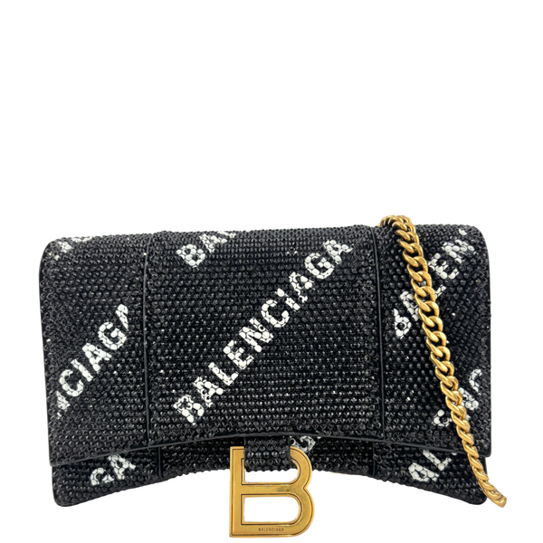 Hourglass Wallet On Chain Black Suede with Allover Logo Rhinestones GHW