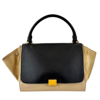 Medium Trapeze Top Handle Bag in Beige / Black Leather and Suede