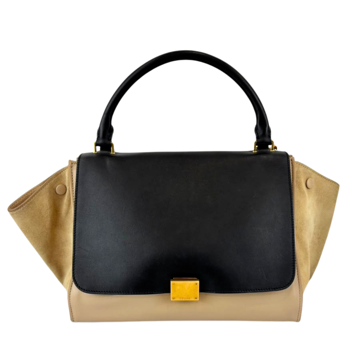 Medium Trapeze Top Handle Bag in Beige / Black Leather and Suede