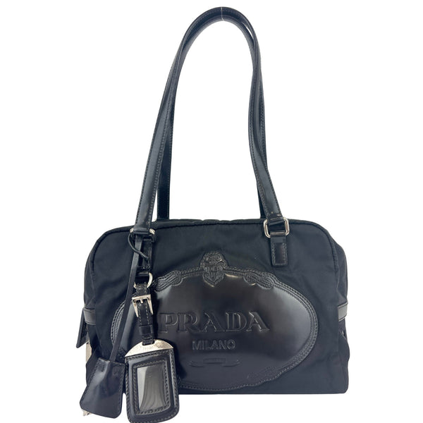Black Tessuto & Patent Leather Embossed Logo Boston Bag
