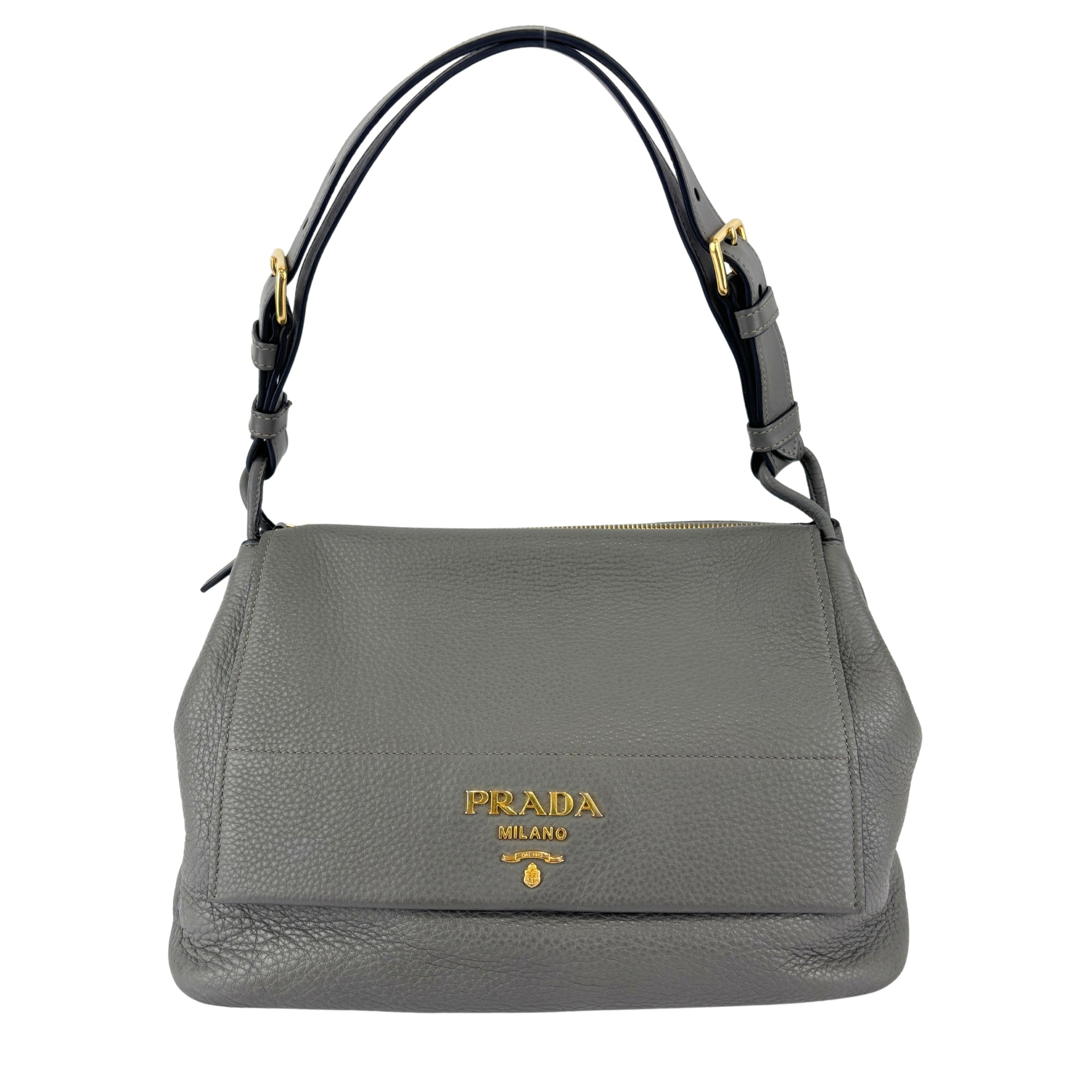 1BD052 Vitello Daino Leather Shoulder Bag Marmo Grey