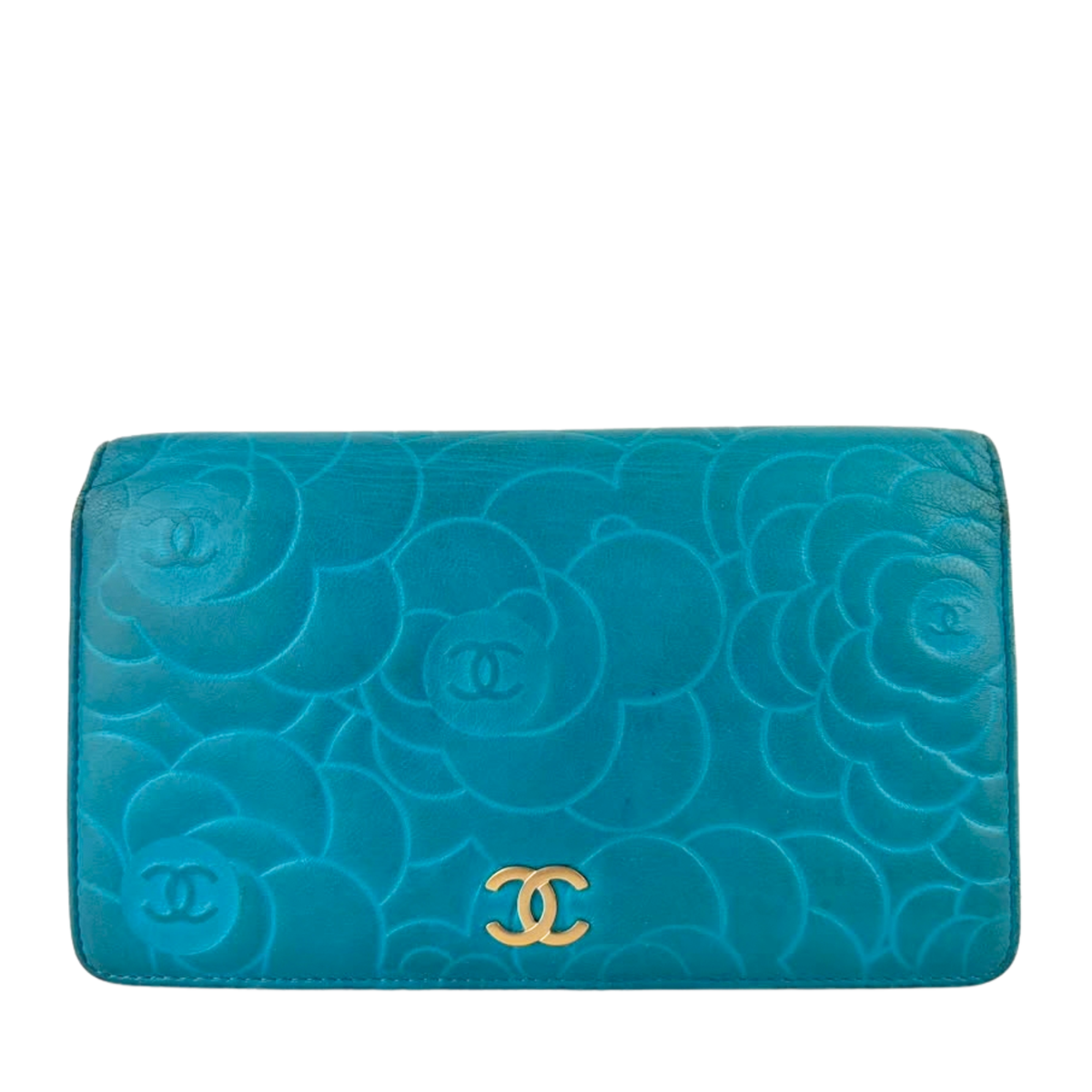 Blue Camellia Embossed Lambskin Leather Wallet