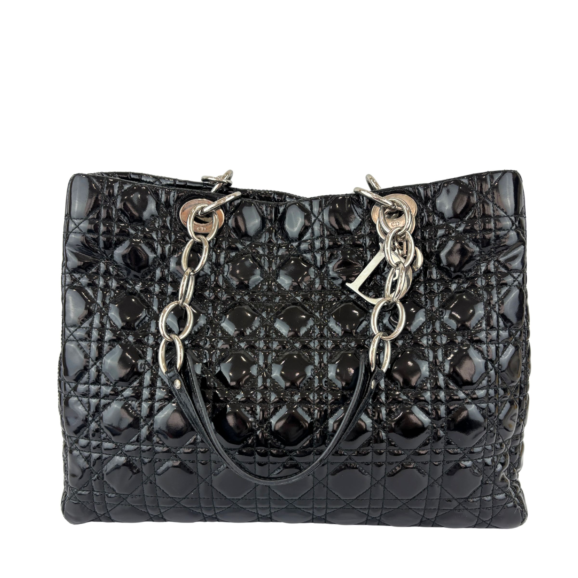 Large Patent Cannage Lady Dior Soft Shopping Tote Black SHW