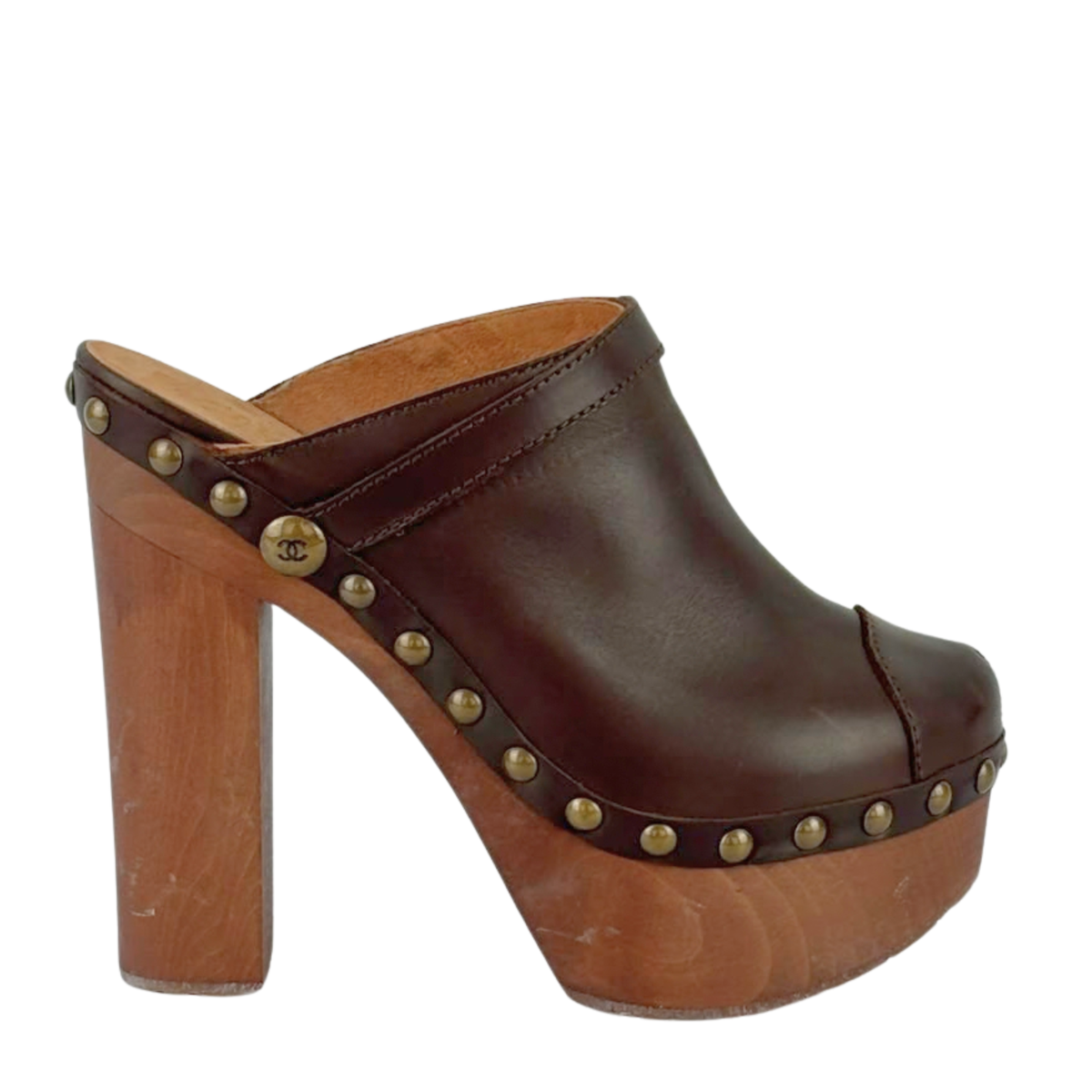 A G27163 Brown Leather Studded Platform Mule Clogs Size 39.5/40 IT