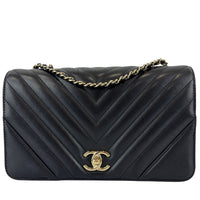 A91586 Chevron Quilted Small Statement Flap Black Calfskin
