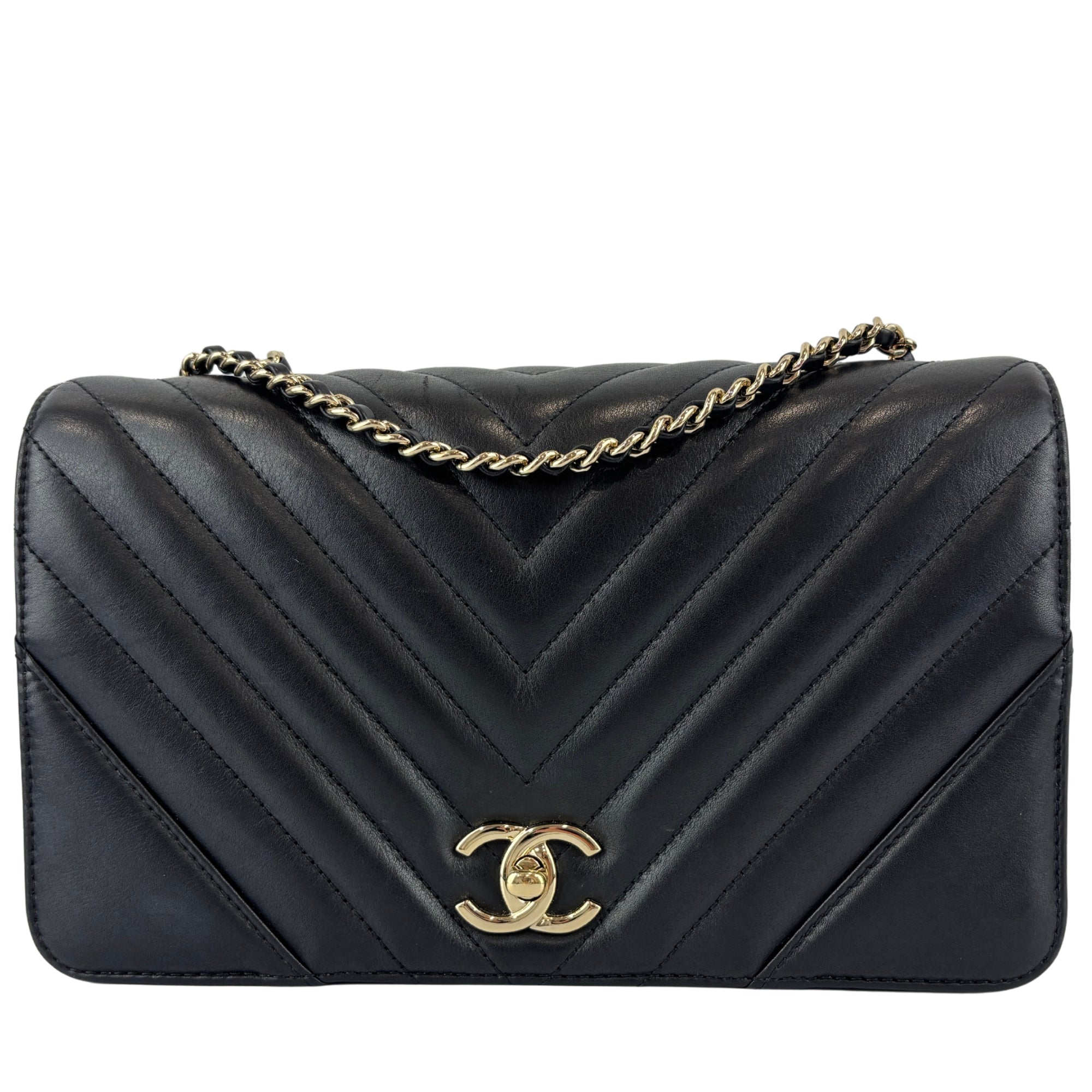 A91586 Chevron Quilted Small Statement Flap Black Calfskin