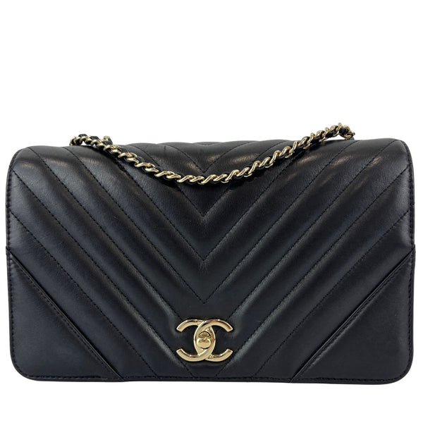 A91586 Chevron Quilted Small Statement Flap Black Calfskin