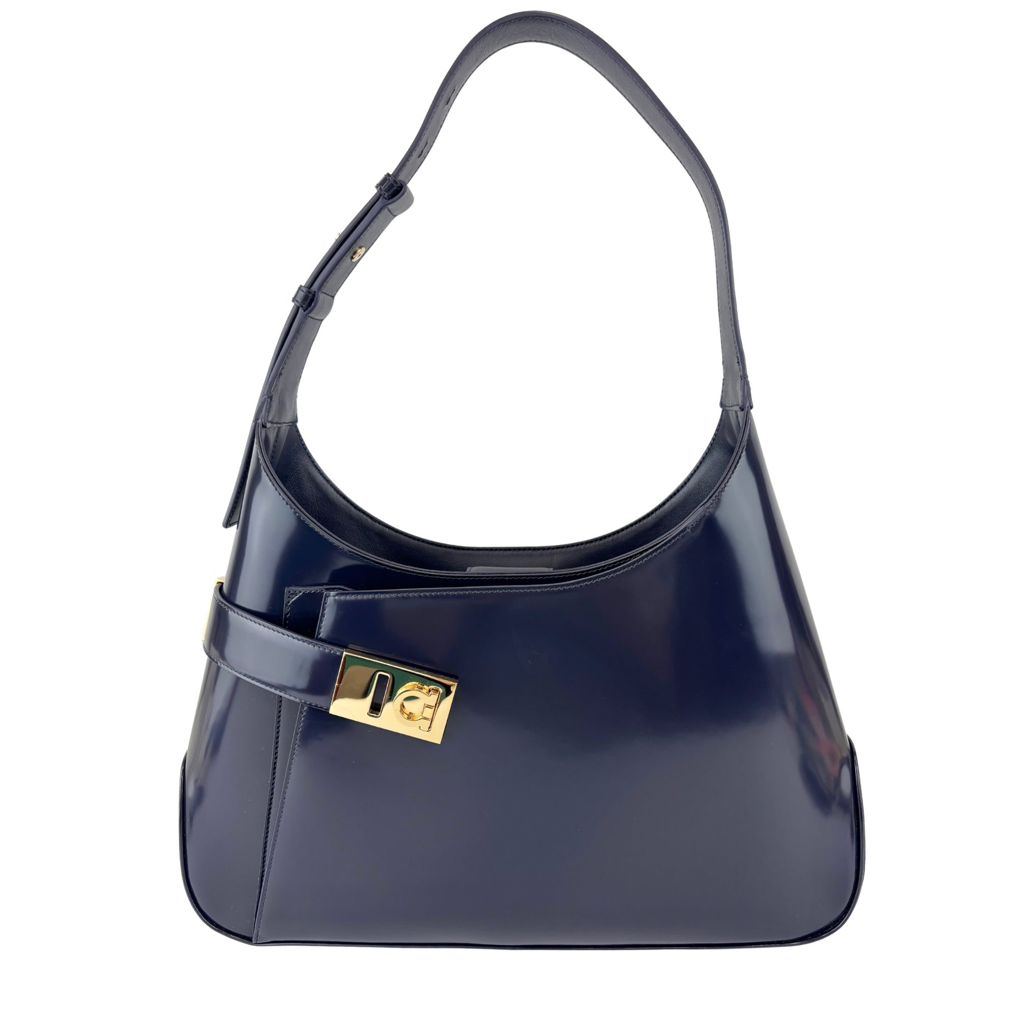 Large Brushed Calfskin Gancini Arch Shoulder Hobo Midnight Blue