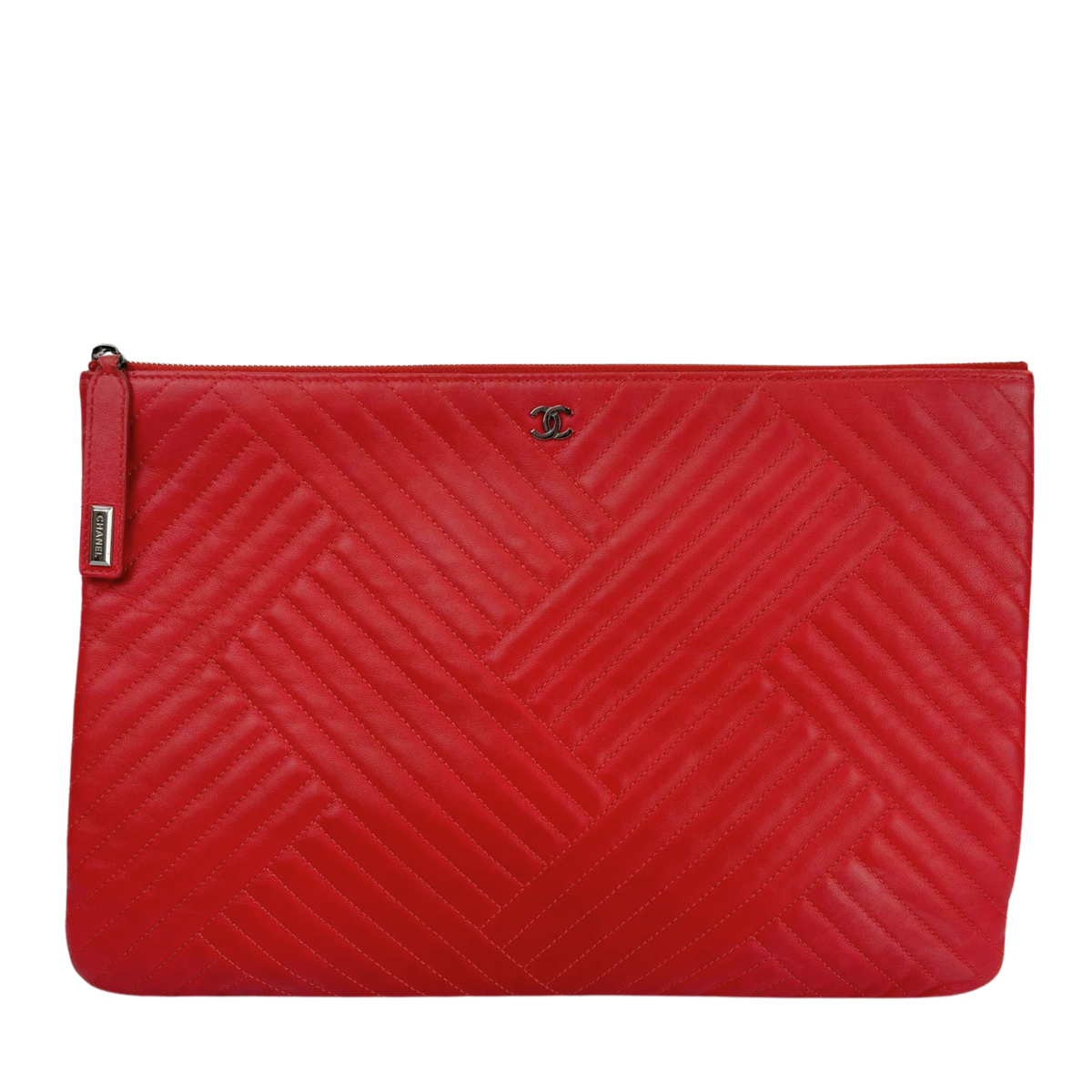 Large O Case Diagonal Quilted Lambskin Clutch in Red