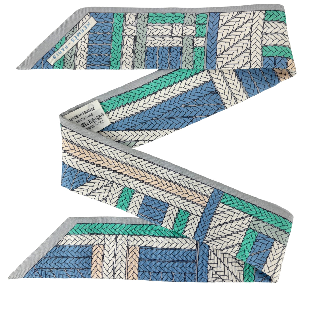 Tresses H Silk Twilly in Bleu Jean/ Gris Perle/ Vert