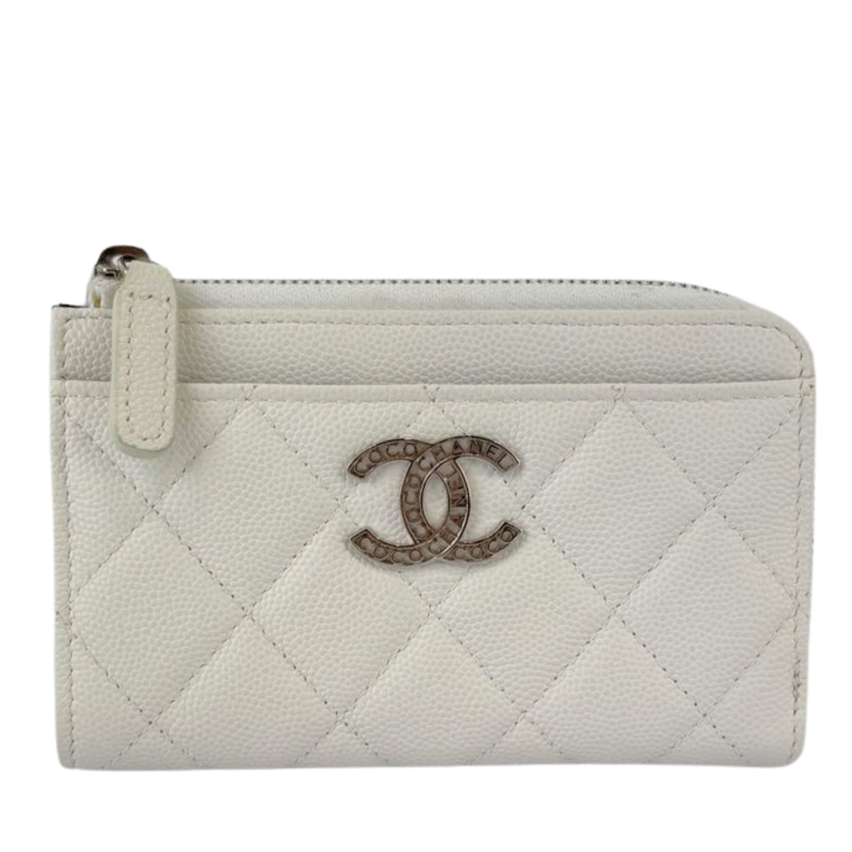 Quilted Caviar Zip Card Holder White