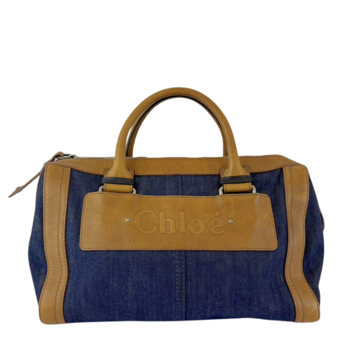 Ethel Zip Satchel Bag Blue Denim/Brown Leather