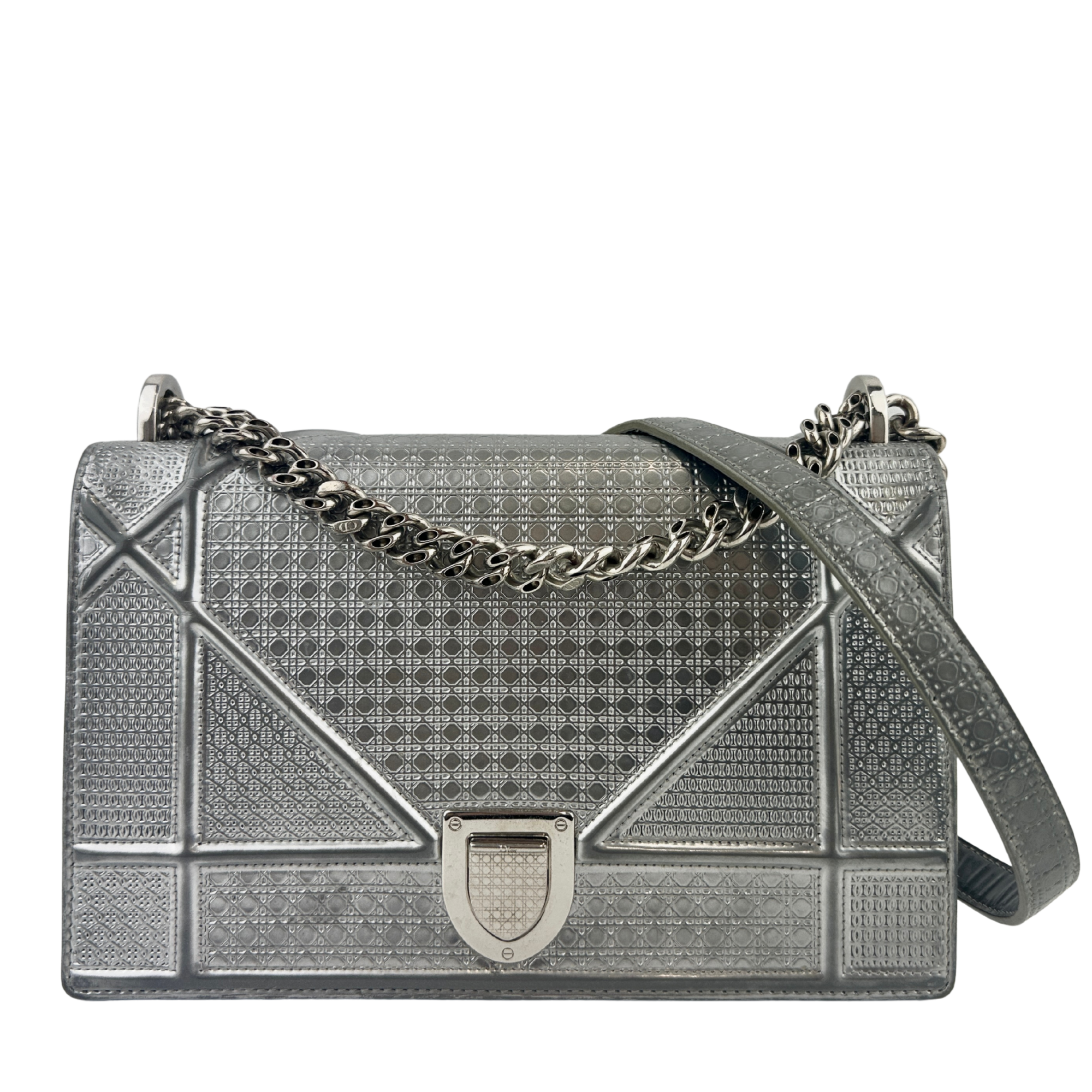 Medium Diorama Metallic Silver Cannage Leather Flap Bag