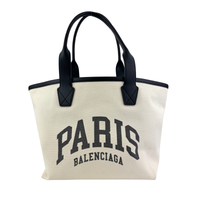 Cities Paris Jumbo Small Tote Bag In Beige Canvas With Black Leather Trim
