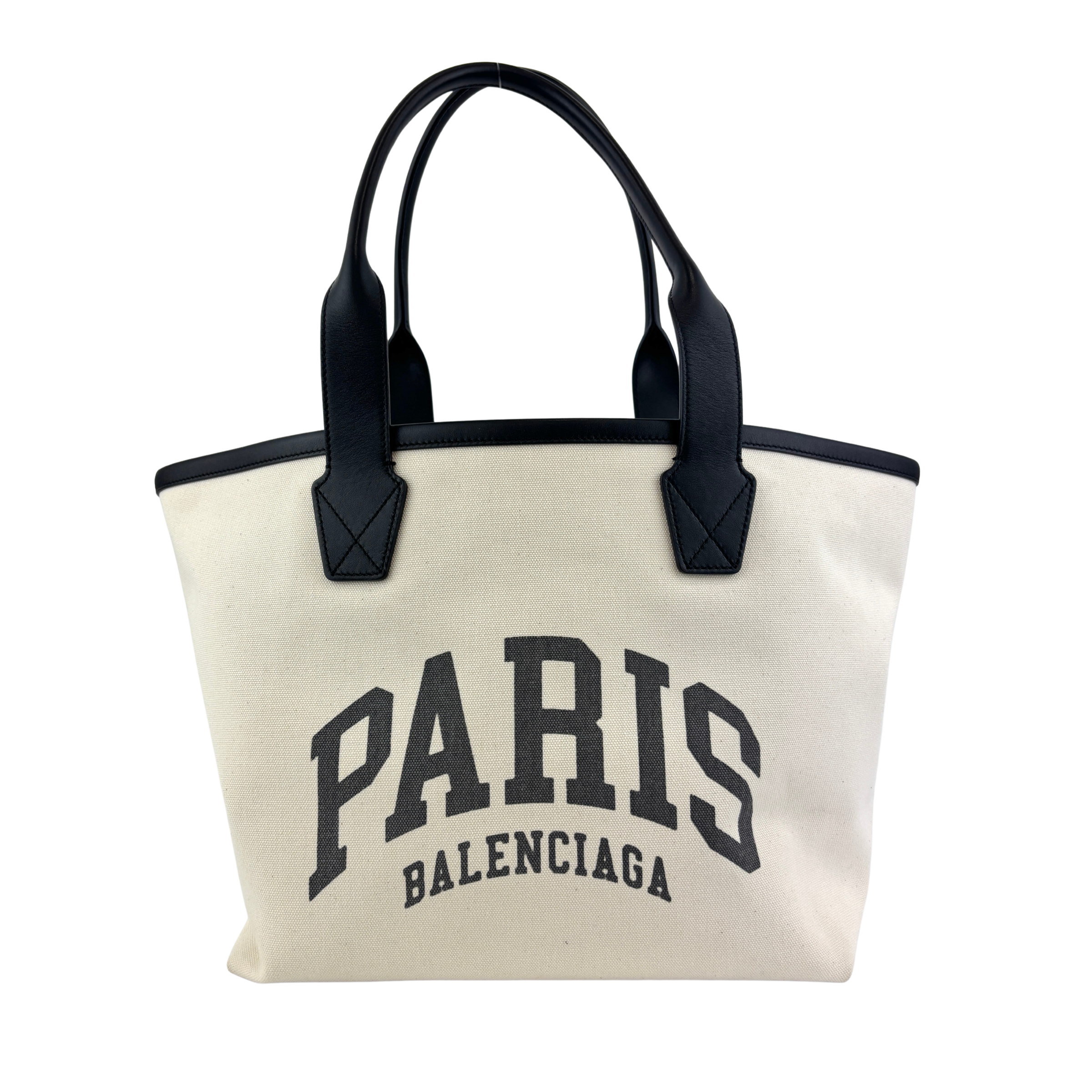 Cities Paris Jumbo Small Tote Bag In Beige Canvas With Black Leather Trim