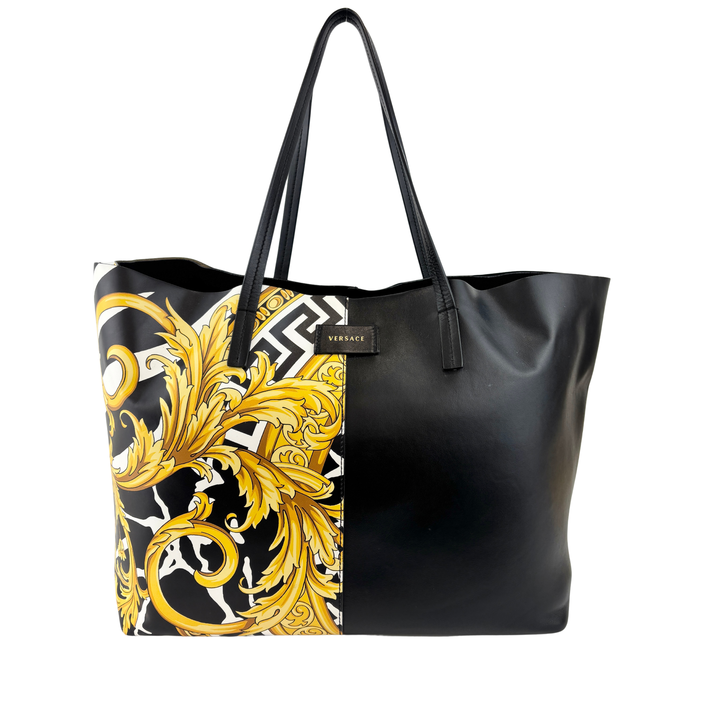 Black Leather Barocco Print Shopper Tote