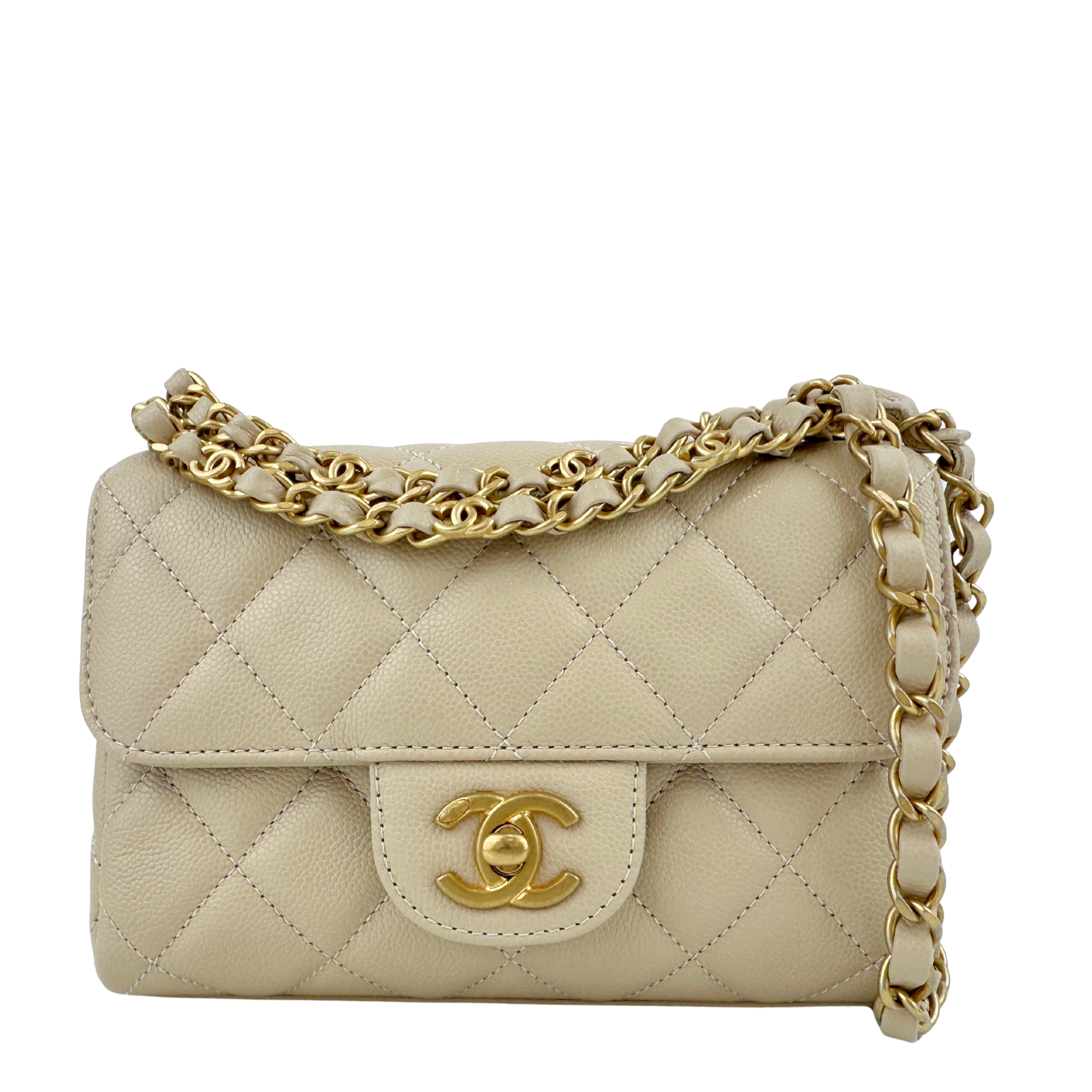 AS5239 25P Mini Beige Caviar Top Handle Flap Bag GHW