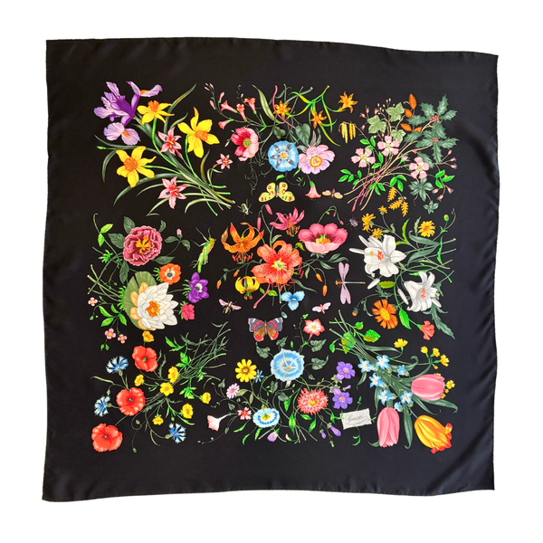 Black Flora Printed Silk Twill Carré