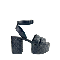 Black Quilted Lambskin Leather Platform Chunky Heels Size 37