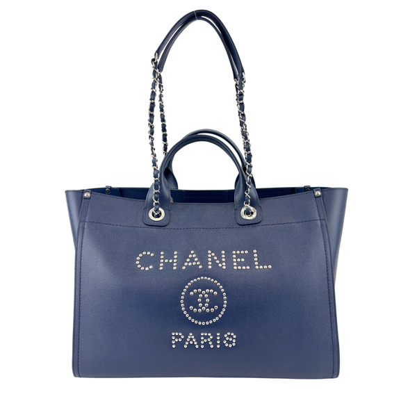 Medium Deauville Tote in Navy Blue Studded Caviar - Glampot