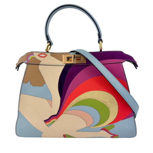 Multicolor Leather and Suede Medium Girl Inlay Peekaboo ISeeU Top Handle Bag
