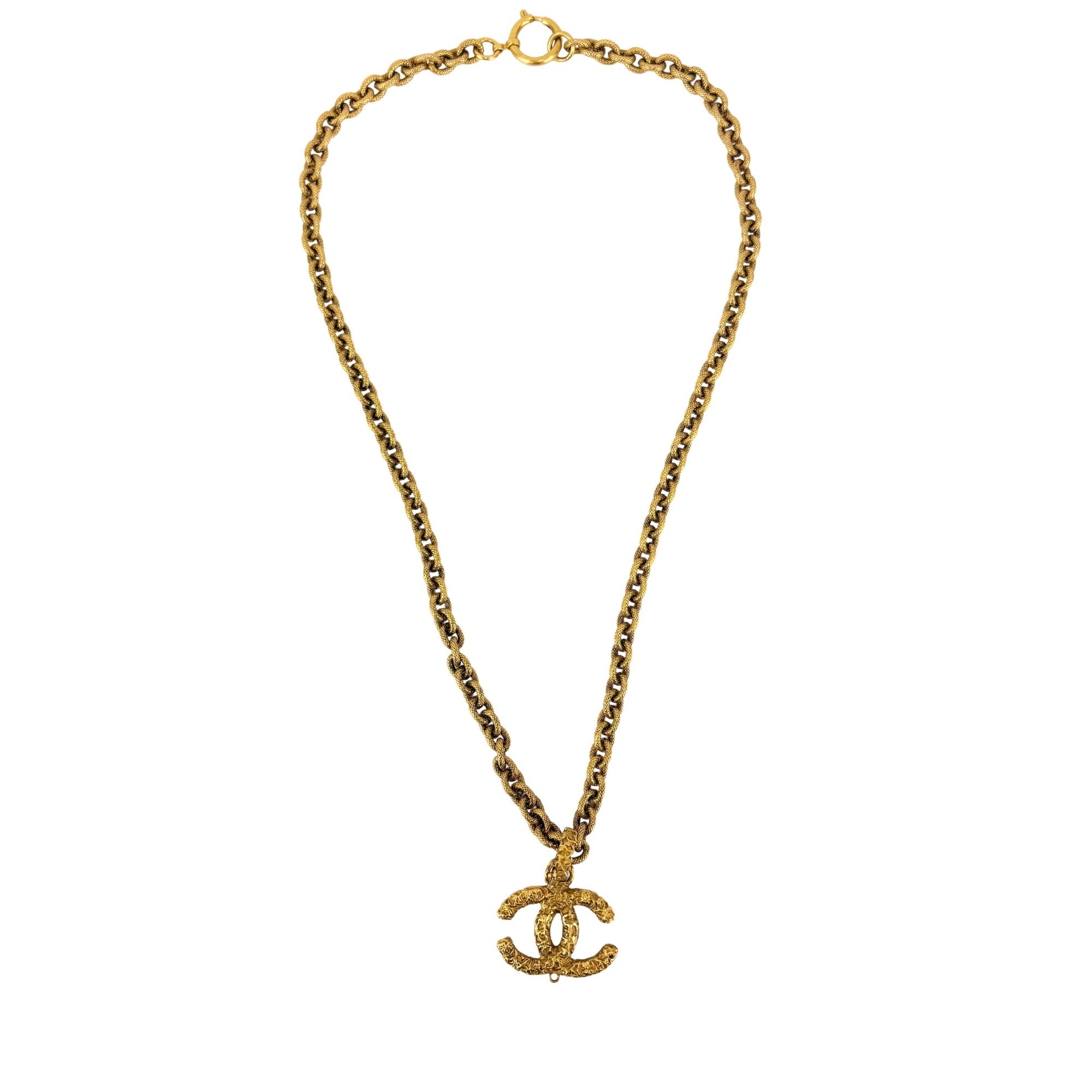 Vintage Textured "Lava" CC Pendant Long Chain Necklace (c. Early 1990s, 24K Gold-Plated Heavy Chain)