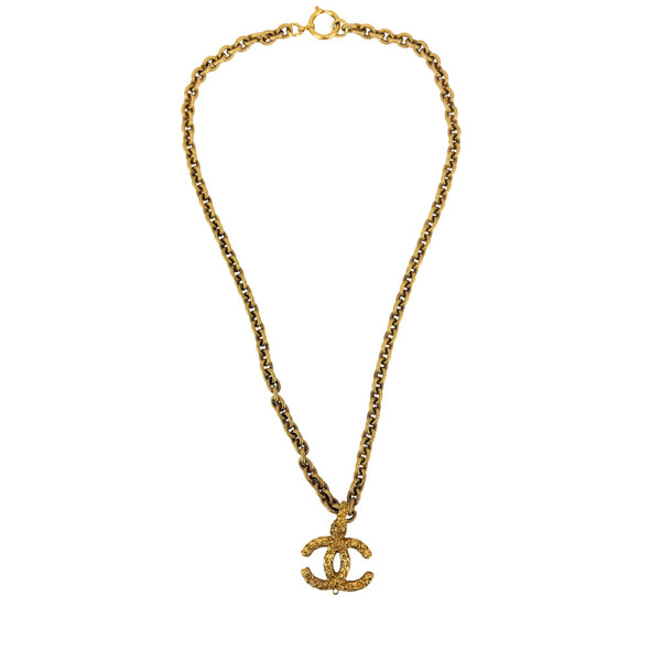 Vintage Textured "Lava" CC Pendant Long Chain Necklace (c. Early 1990s, 24K Gold-Plated Heavy Chain)