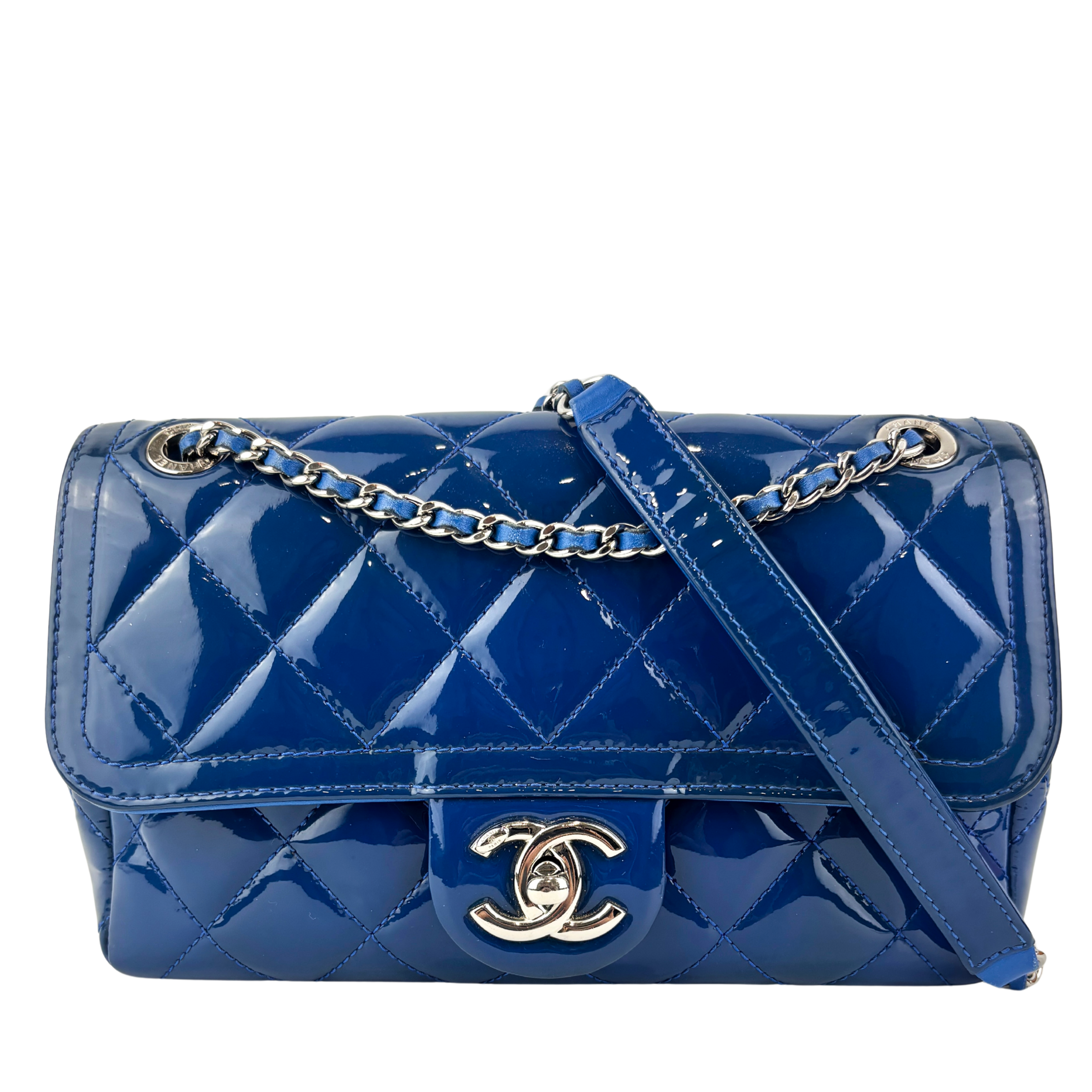 Patent Quilted Small Coco Shine Flap in Blue SHW