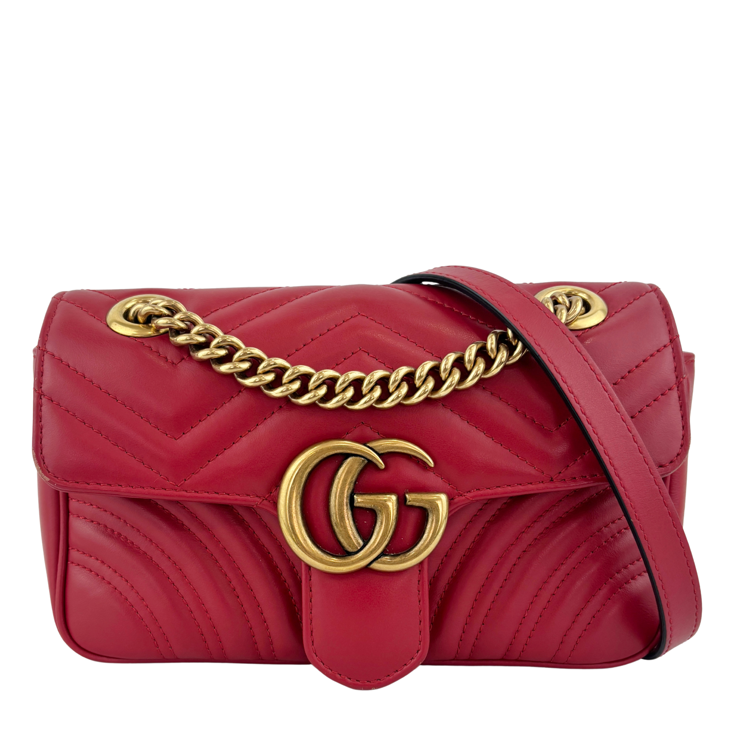 446744 GG Marmont Matelassé Small Flap Shoulder Bag Hibiscus Red Calfskin / Antique Gold Hardware