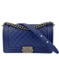 Old Medium Dark Blue Quilted Lambskin Boy Flap RHW