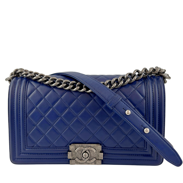 Old Medium Dark Blue Quilted Lambskin Boy Flap RHW