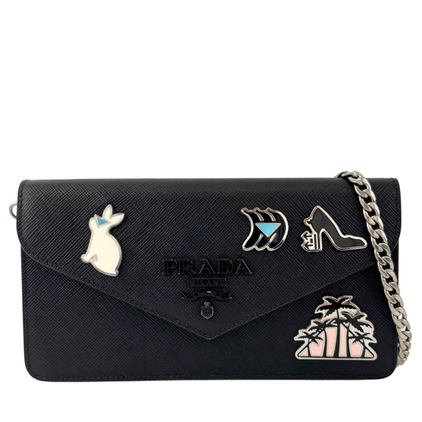 1DH004 Monochrome Embellished Saffiano Leather Wallet On Chain