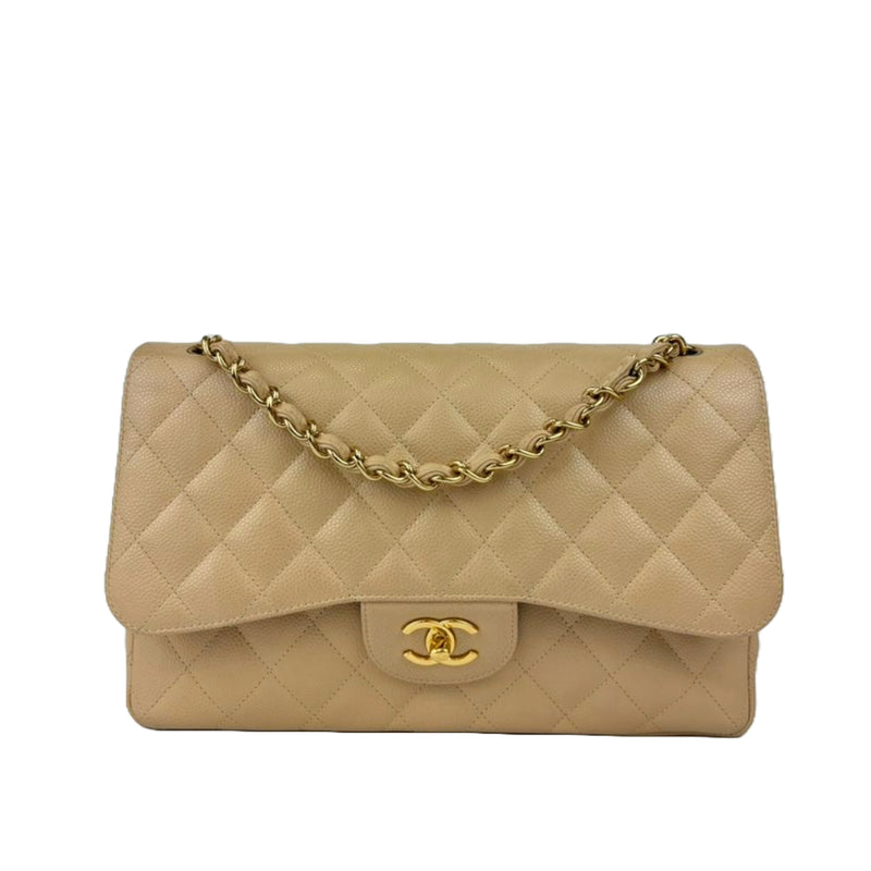 Classic Jumbo Double Flap in Beige Caviar GHW