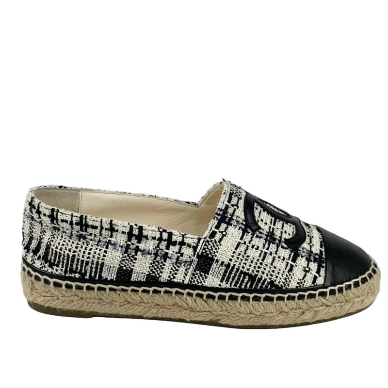 G29762 Black &amp; White Tweed/Lambskin Leather Espadrilles Size 36C