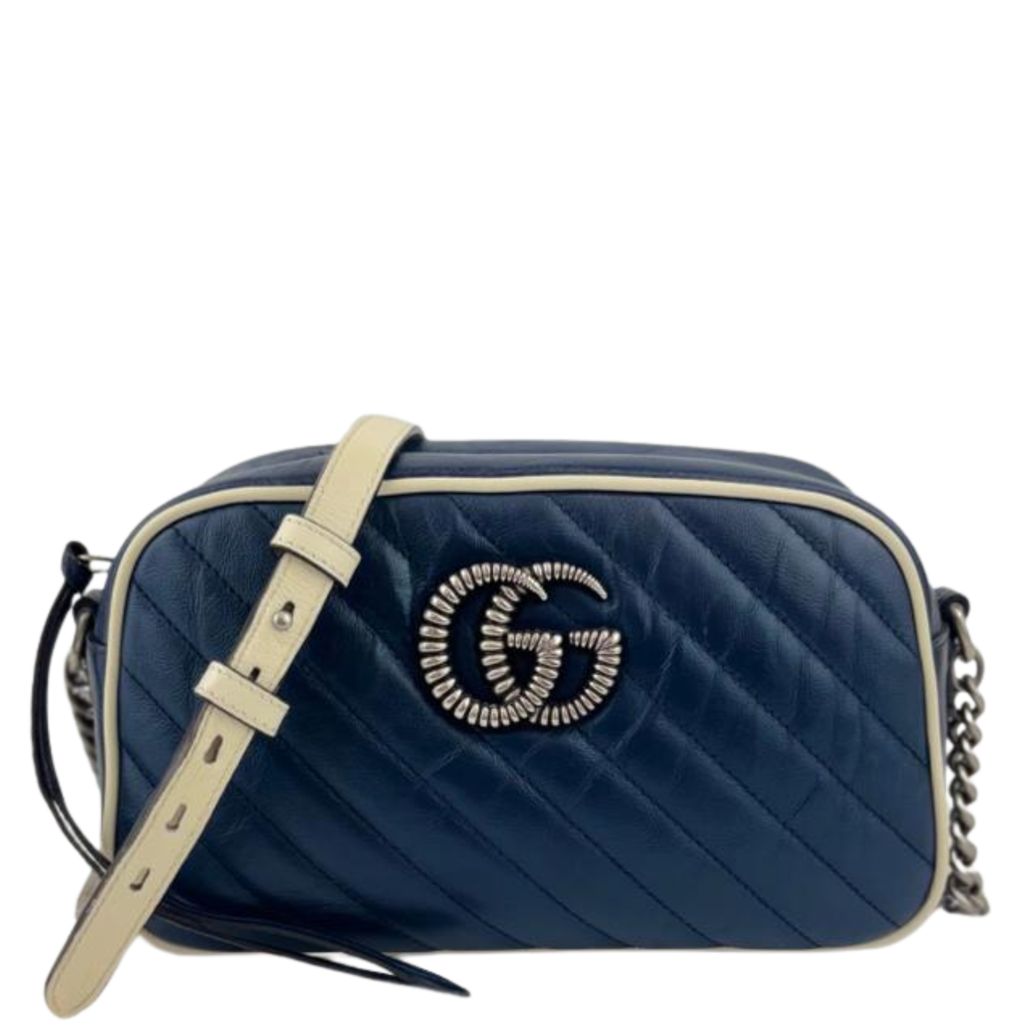 Small Torchon Marmont Blue Diagonal Quilted Leather Camera Bag