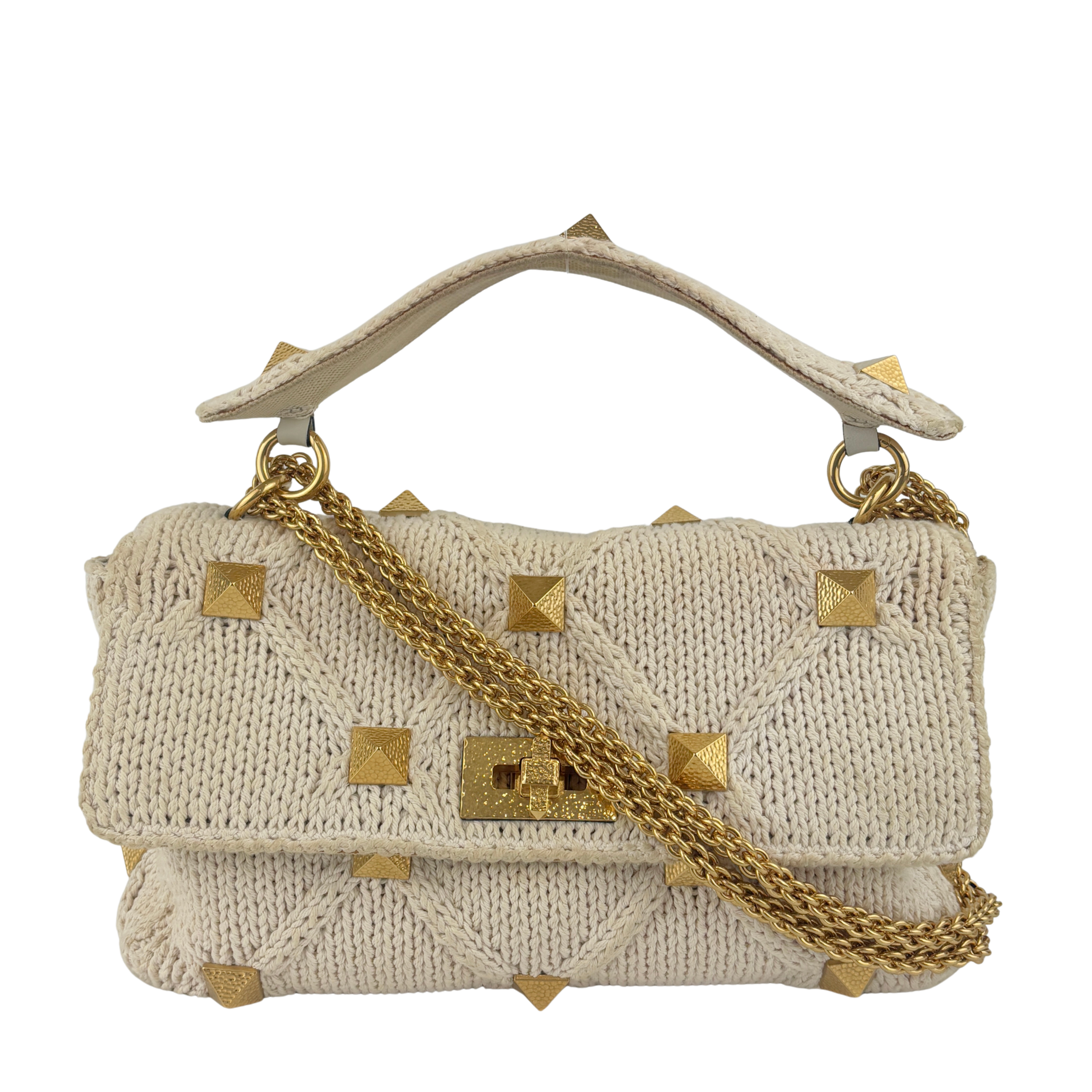 Off White Lurex Knit Fabric Roman Stud Shoulder Bag