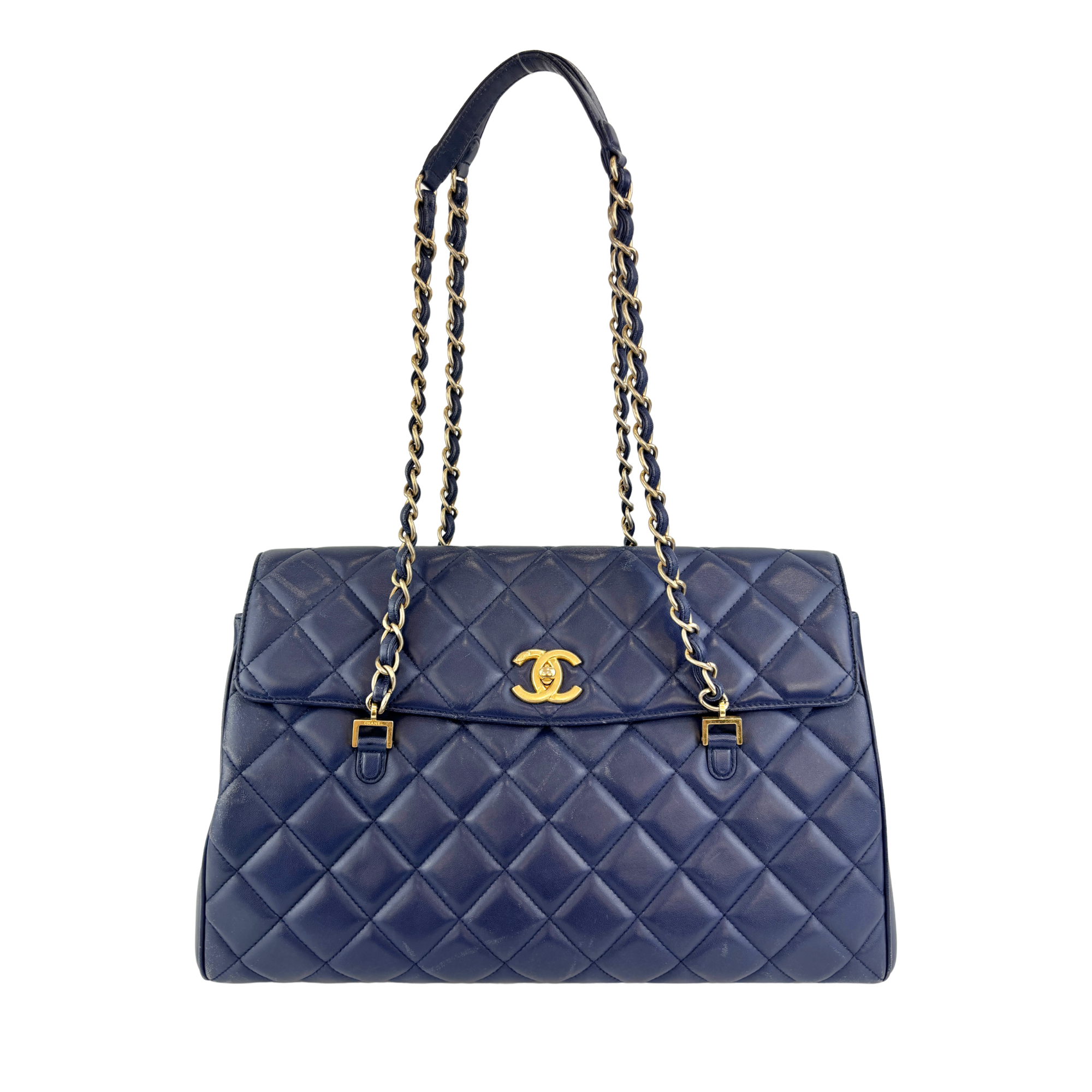 Navy Blue Quilted Lambskin Leather Misia Camera Flap Bag - Glampot