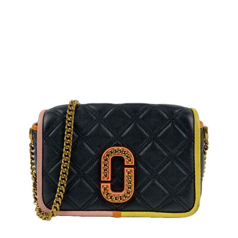 Black Colourblock Grained Calfskin Quilted Double Stitched The Status Flap Crossbody