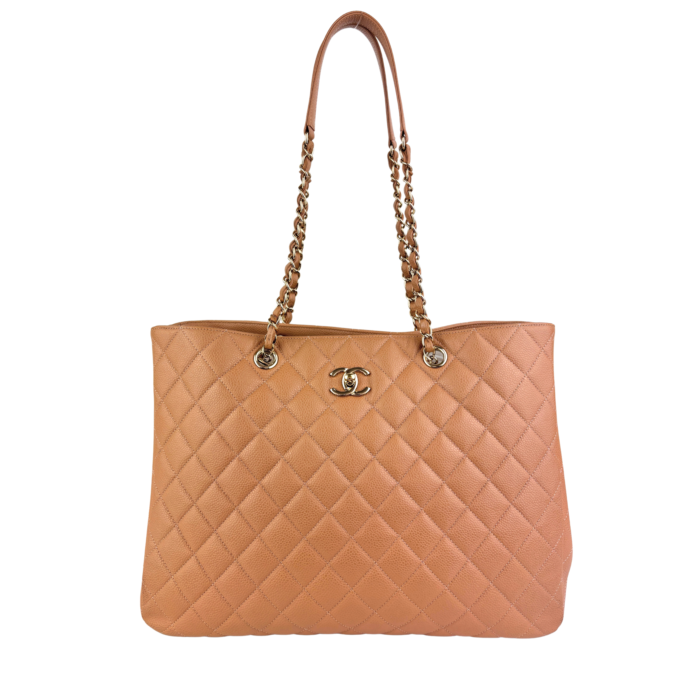 A91046 Calfskin Quilted Large Classic Shopping Tote Beige LGHW