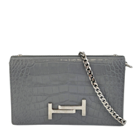 Double T Logo Chain WOC in Grey Croc Embossed