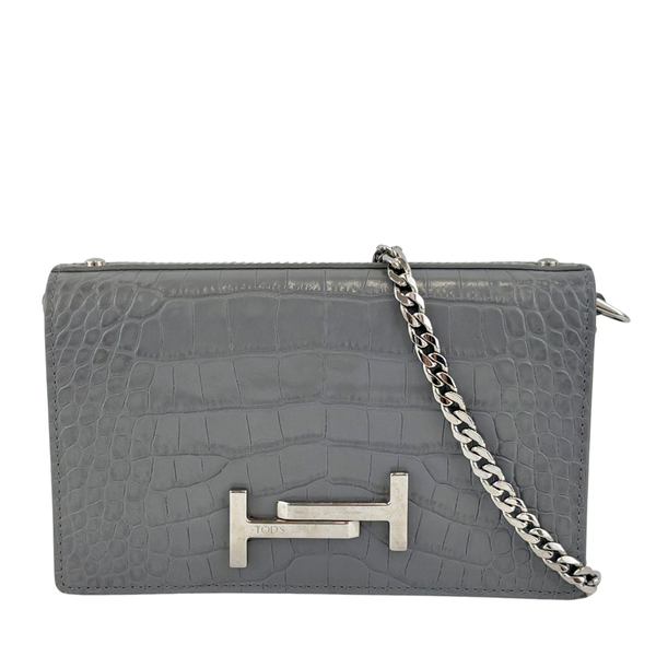 Double T Logo Chain WOC in Grey Croc Embossed