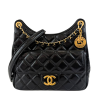 Medium Quilted Wavy CC Hobo Black Patent Aged Calfskin GHW - Glampot