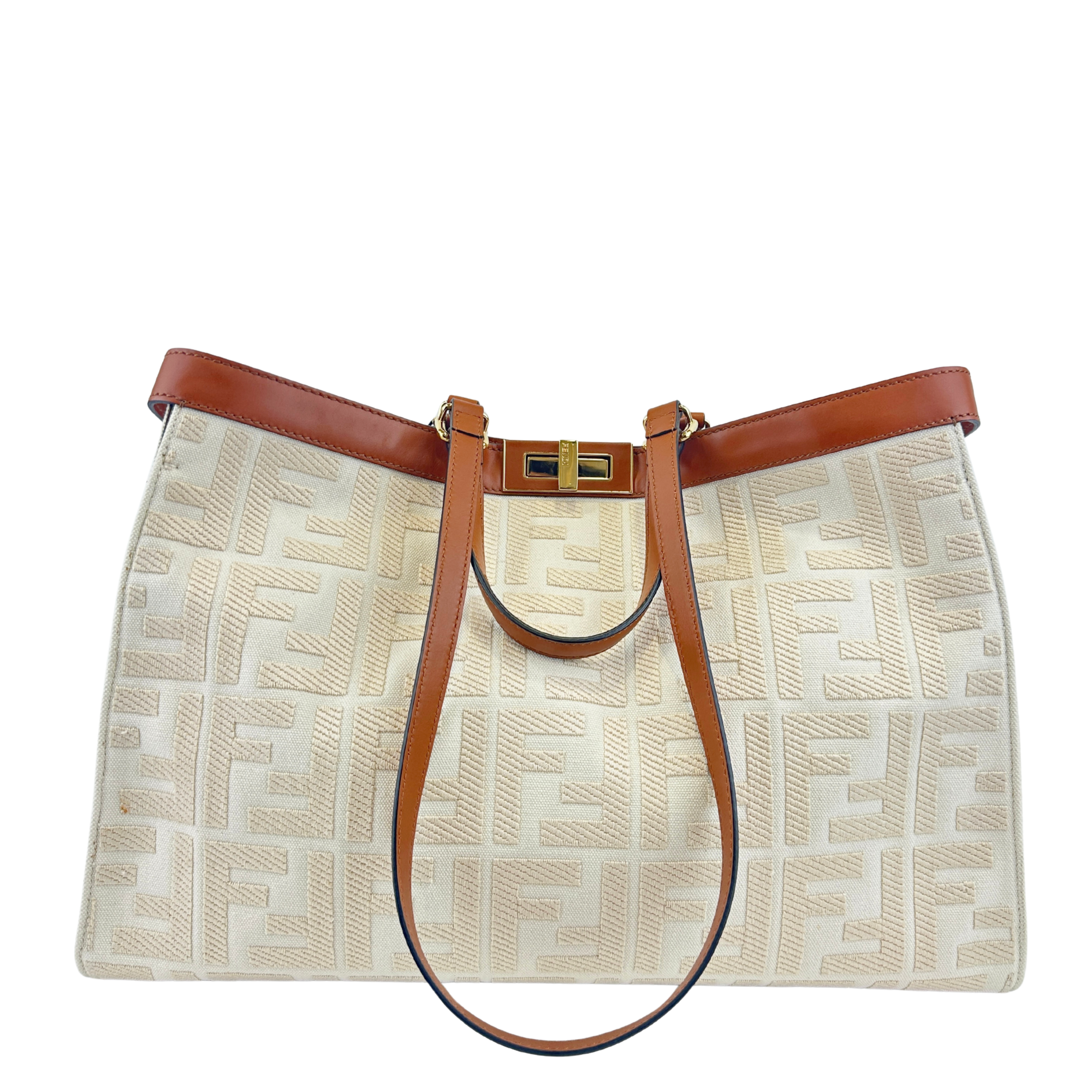 8BH374 Medium Peekaboo X-Tote Cream FF Embroidered Canvas Bag