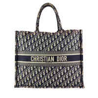 Large Book Tote in Blue Dior Oblique Embroidered Canvas