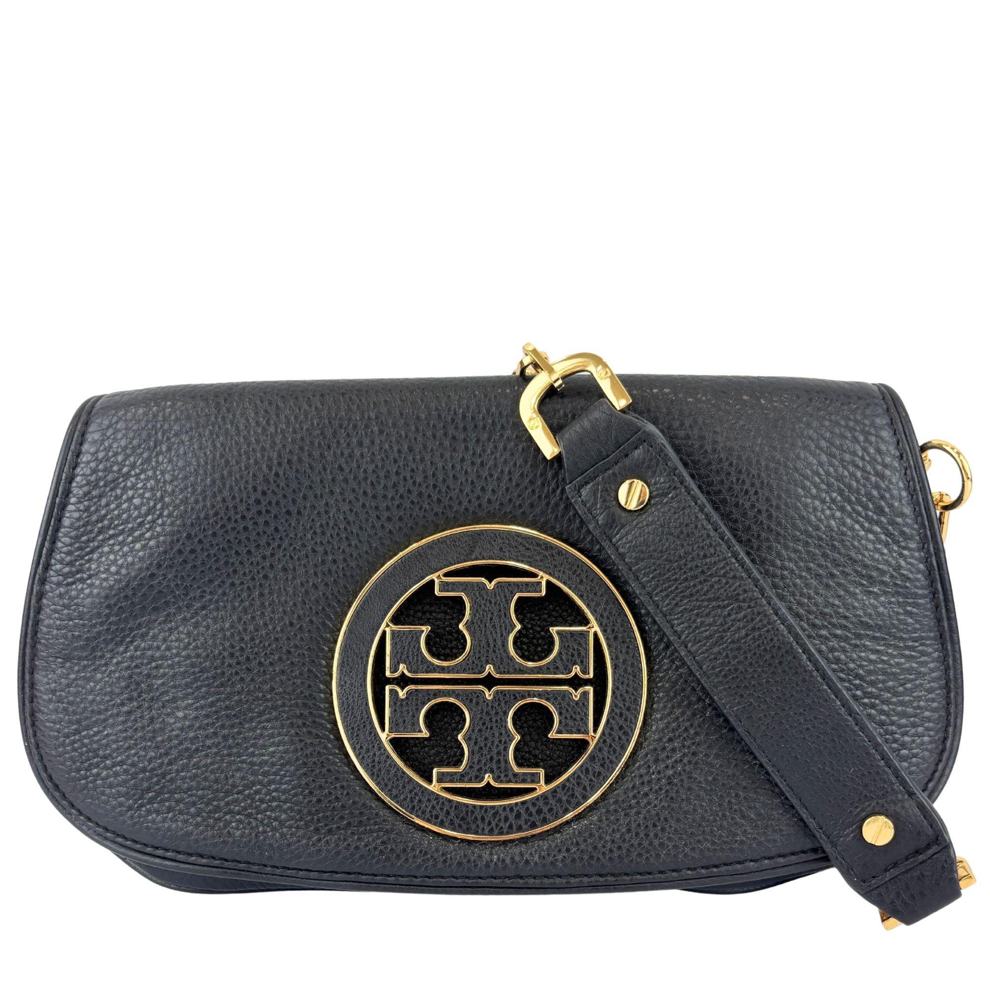 Tory Burch Amanda Logo Clutch Black Pebbled Leather with Chain