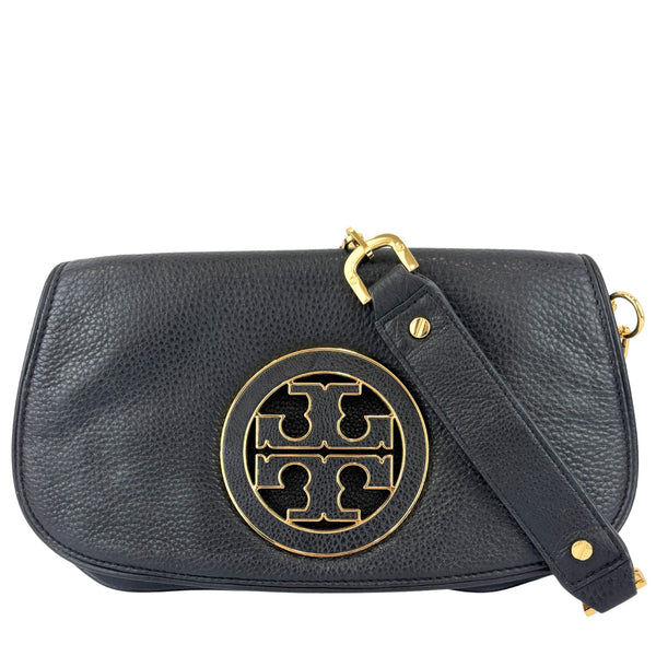 Tory Burch Amanda Logo Clutch Black Pebbled Leather with Chain